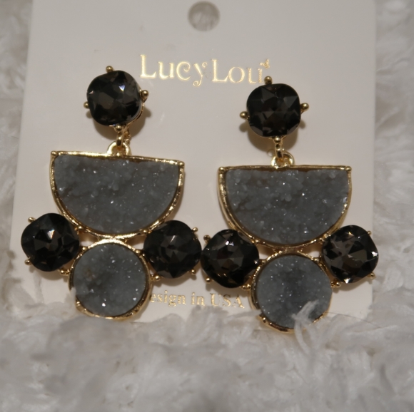 Grey Druzy Stone Drop Earrings - Picture 3 of 4